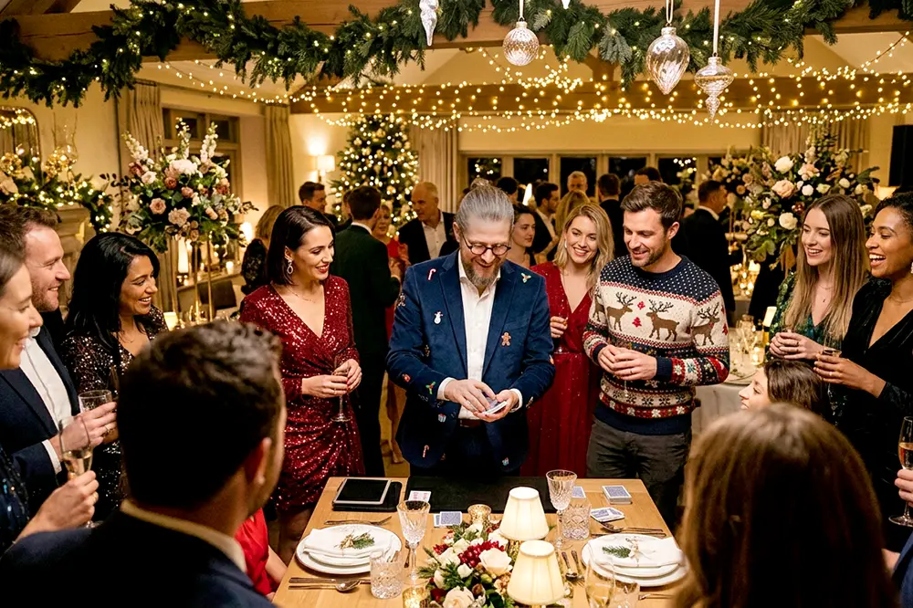 Zauberer auf einer Weihnachtsfeier mit Gesprächsgruppen und Close-up Magie
